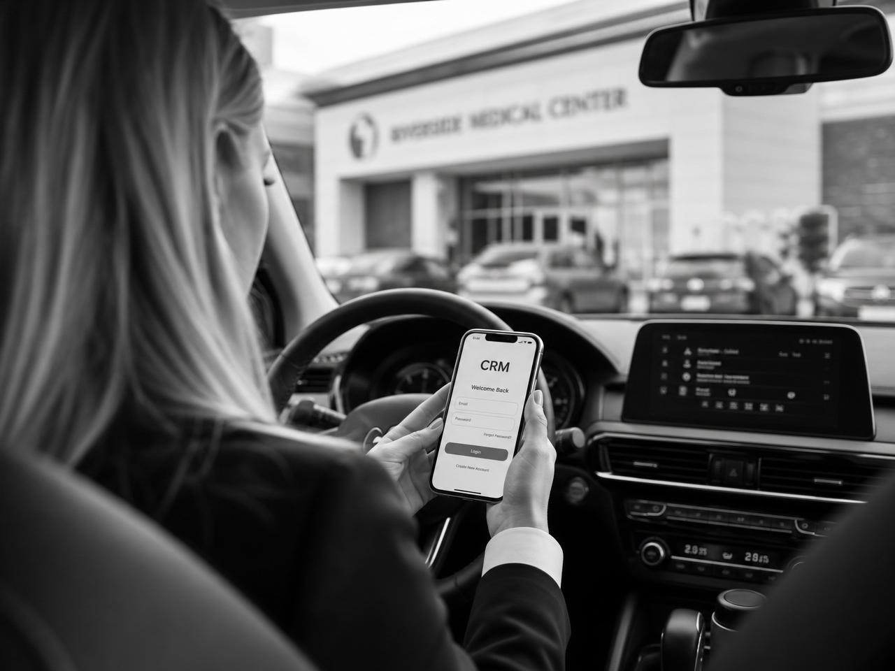 Sales rep logging into Scannect from their car outside a medical center
